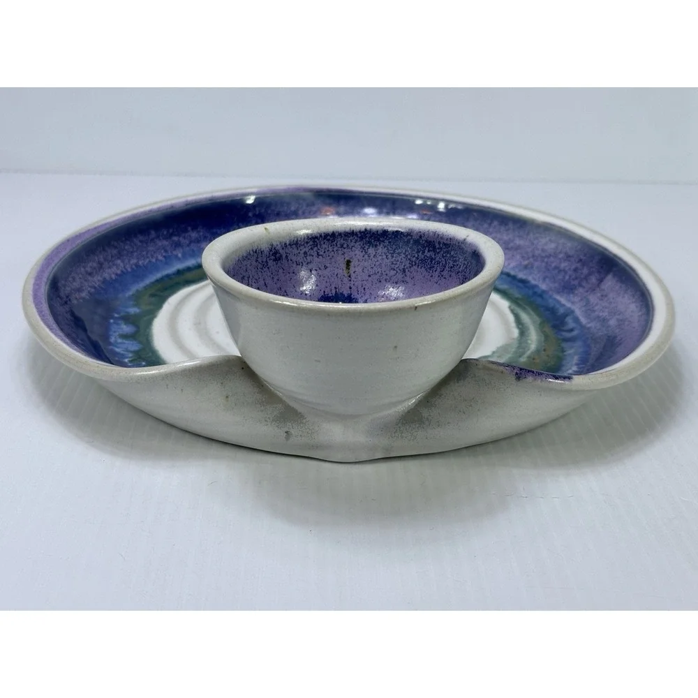 Sturbridge Pottery Handmade Chip & Dip Bowl Purple Blue Green Glaze